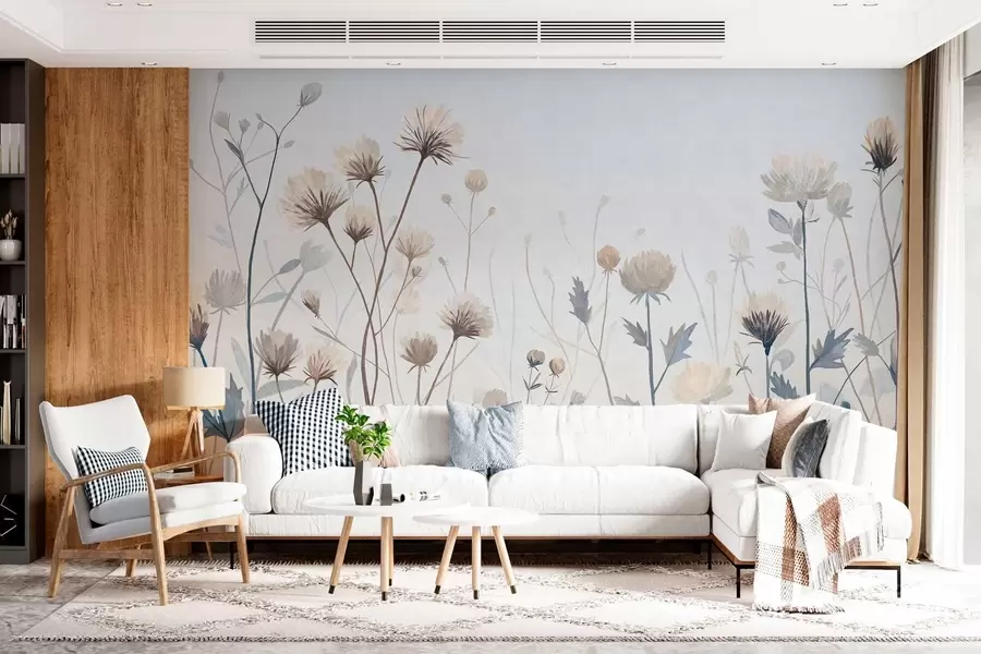 Fototapeta Dzikie trawy polne i kwiaty namalowane w stylu pejzażowym na jasnym tle w05563