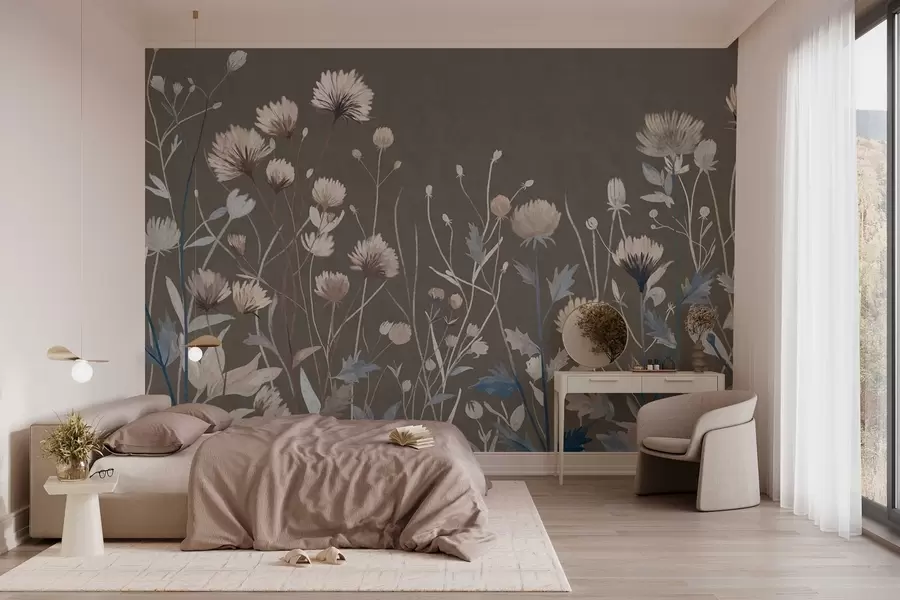 Fototapeta Dzikie trawy polne i kwiaty przedstawione w malarskim stylu na szaro-brązowym tle w05563v2