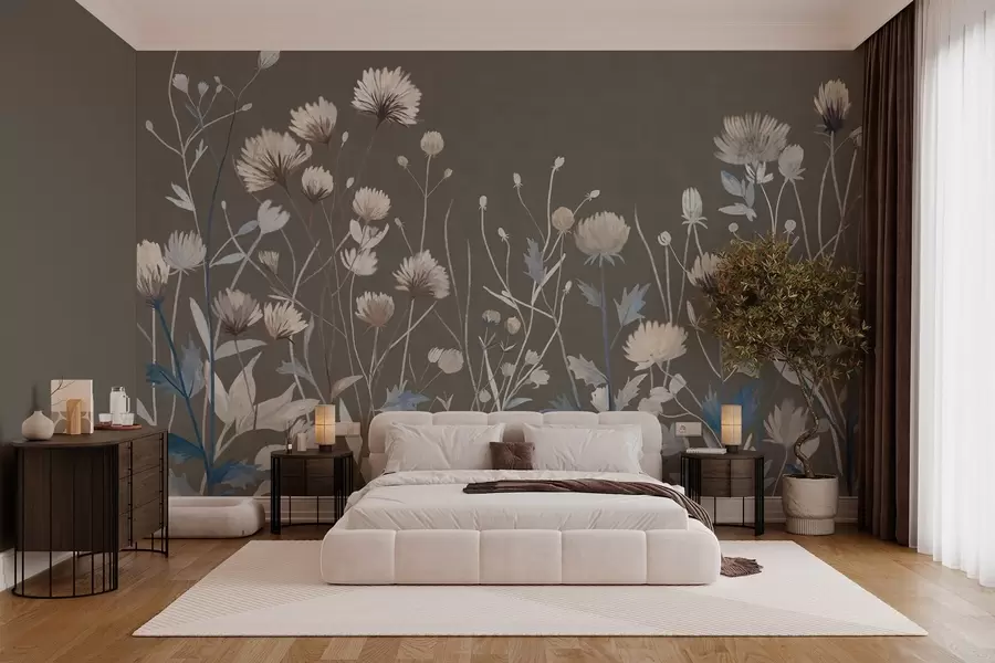 Fototapeta Dzikie trawy polne i kwiaty przedstawione w malarskim stylu na szaro-brązowym tle w05563v2