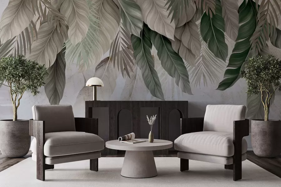 Fototapeta Tropikalne liście zwisające z betonu w05521