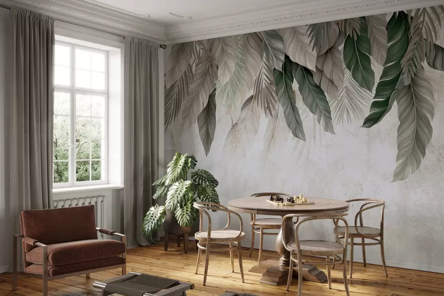 Fototapeta Tropikalne liście zwisające z betonu w05521