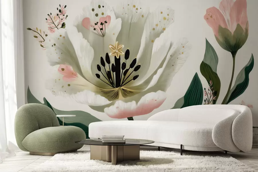 Fototapeta Kwiat z zielonymi liśćmi i delikatnymi różowymi akcentami w stylu akwareli w09836