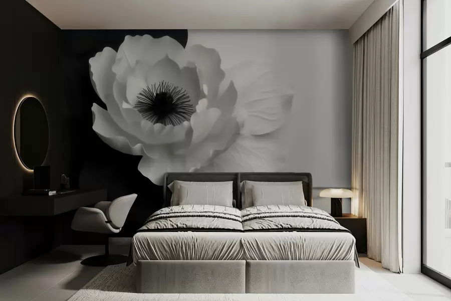 Fototapeta Kontrastujący biały kwiat z ciemnym środkiem na czarno-białym tle w09852