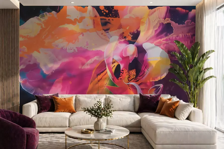 Fototapeta Żywy, abstrakcyjny kwiat orchidei o bogatej kolorystyce i dynamicznych kształtach, utrzymany w stylu akwareli w09855