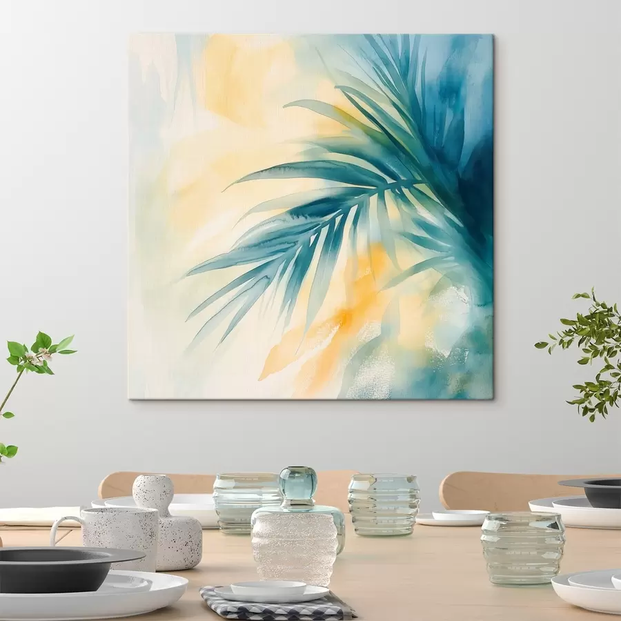 Obraz Tropikalne liście palmowe w niebiesko-turkusowej kolorystyce na tle ciepłych plam akwareli s48849