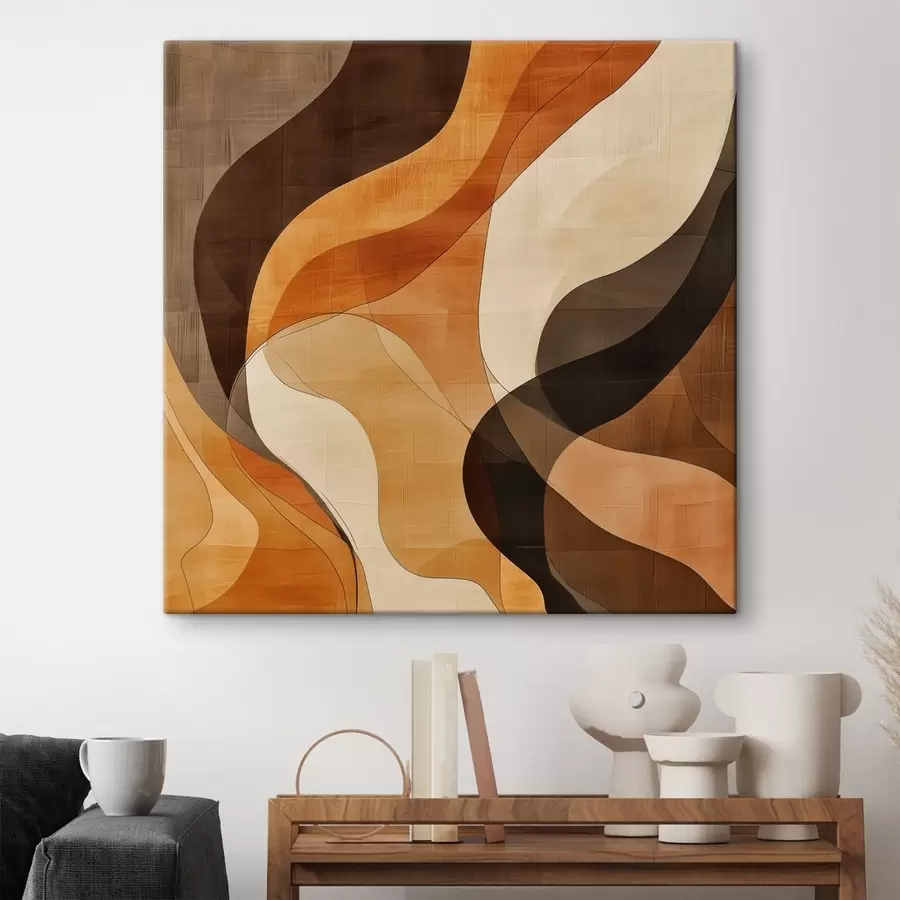 Obraz Kompozycja abstrakcyjna z dynamicznymi falistymi liniami w terakotowo-brązowej kolorystyce s48851
