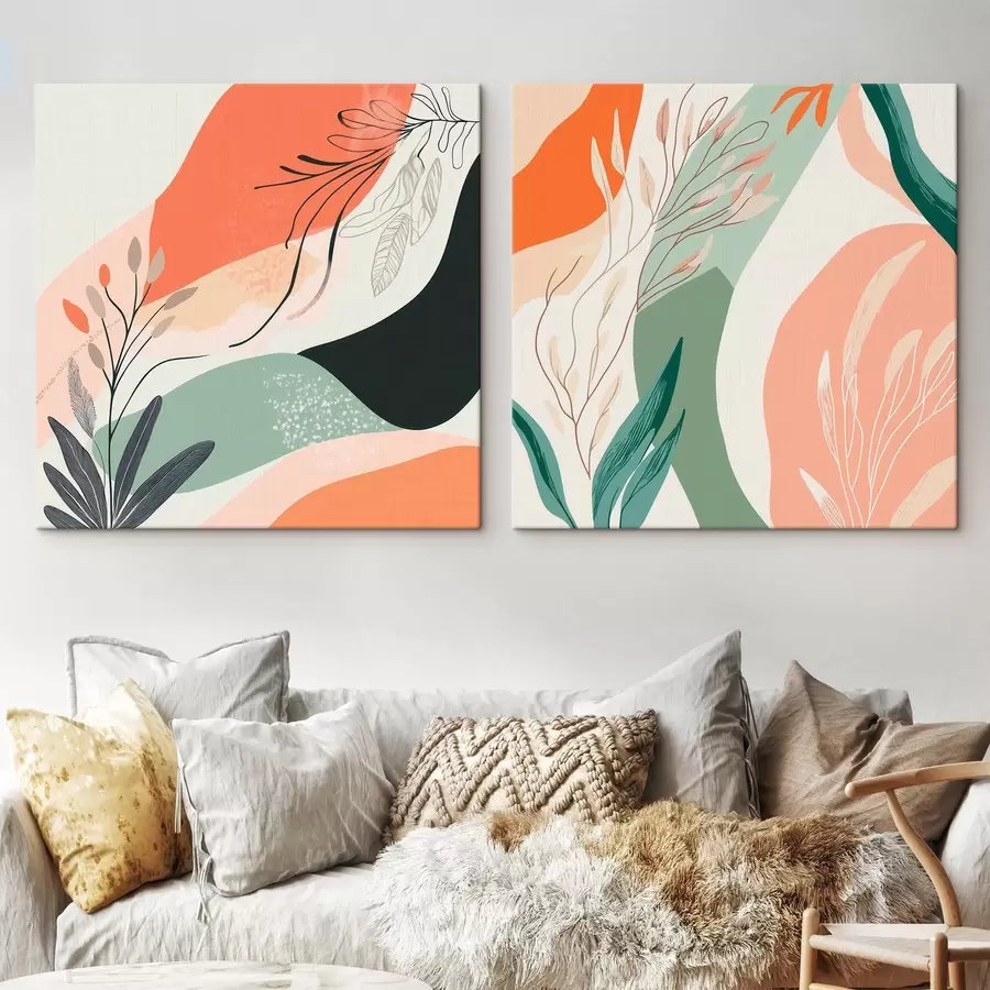 Obraz Abstrakcyjny dyptyk z motywami roślinnymi i plamami koloru w nowoczesnym stylu m30347