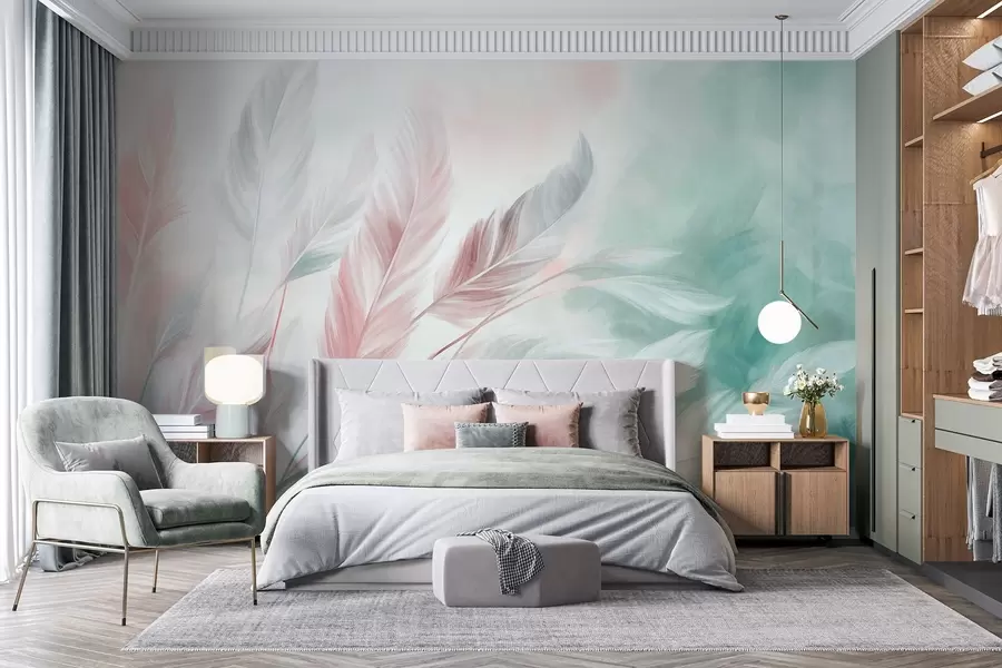 Fototapeta Teksturowane pastelowe piórka o delikatnych, strzępkowatych krawędziach na tle w stylu akwareli w09833v1