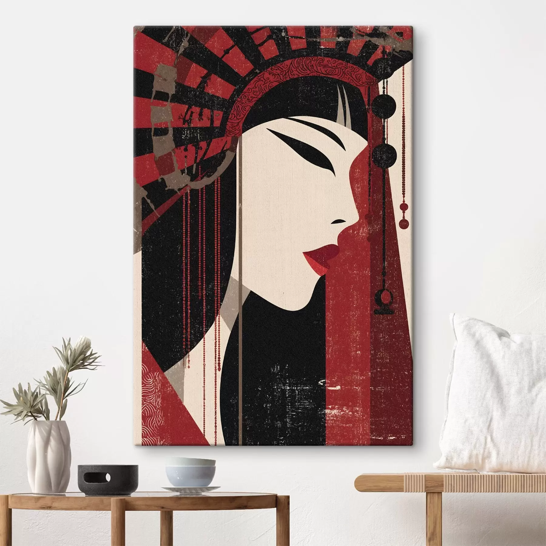 Obraz stylizowany portret kobiety, inspirowany estetyką japońską i art déco s48993