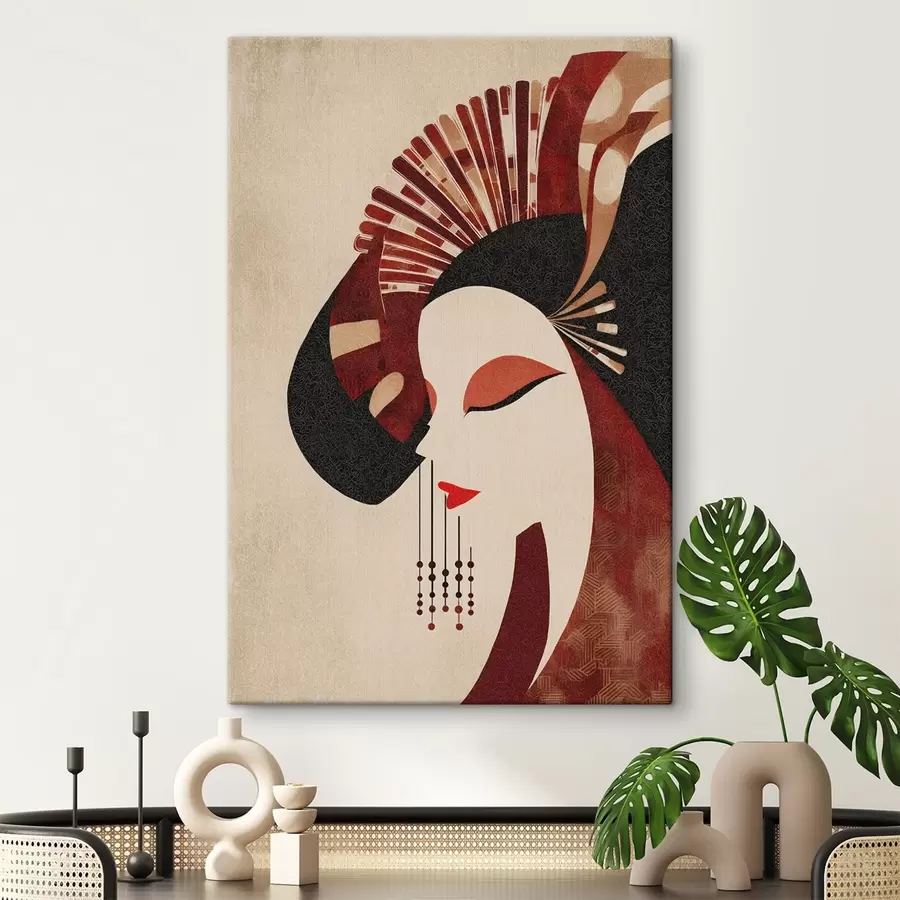 Obraz stylizowany portret kobiety, inspirowany estetyką japońską i art déco s48994