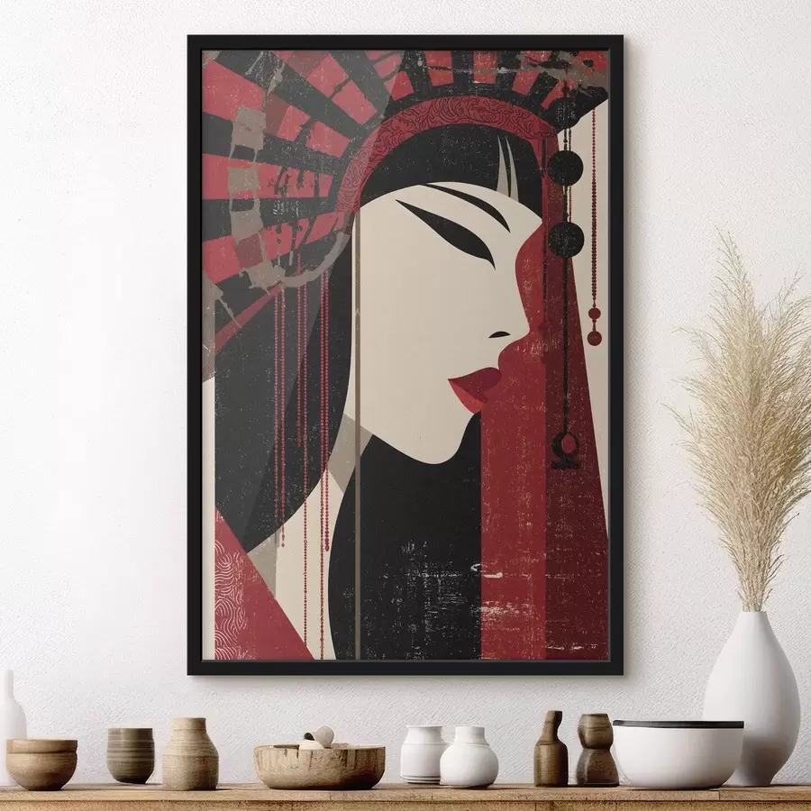 Fototapeta stylizowany portret kobiety, inspirowany estetyką japońską i art déco f48993