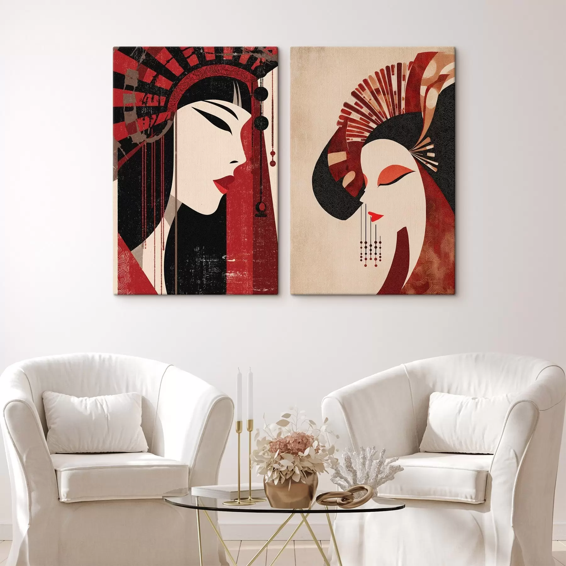 Obraz stylizowany portret kobiety, inspirowany estetyką japońską i art déco m30431