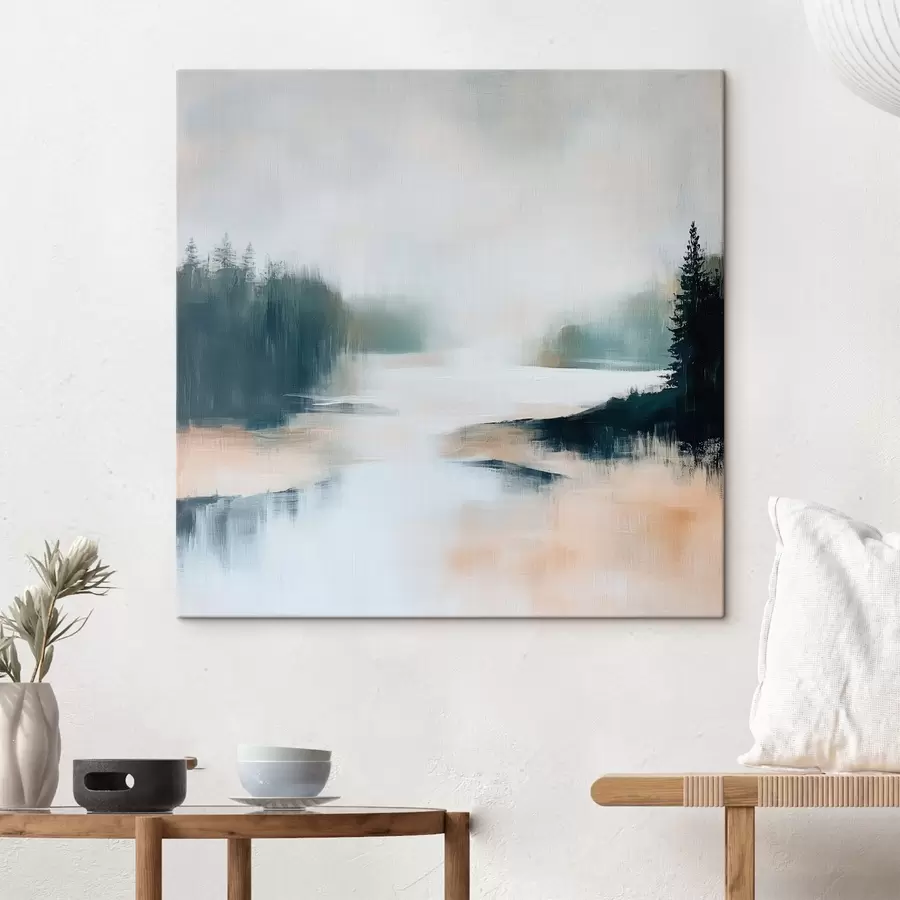 Obraz Abstrakcyjny pejzaż leśny utrzymany w odcieniach różu i błękitu, wykonany w nowoczesnym stylu malarskim s48862