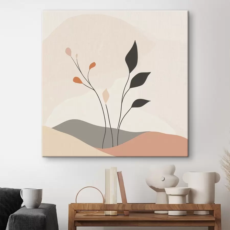 Obraz Lakoniczna scena o tematyce roślinnej z organicznymi formami, utrzymana w stylu sztuki współczesnej s48874