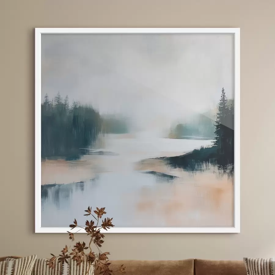 Fototapeta Abstrakcyjny pejzaż leśny utrzymany w odcieniach różu i błękitu, wykonany w nowoczesnym stylu malarskim f48862