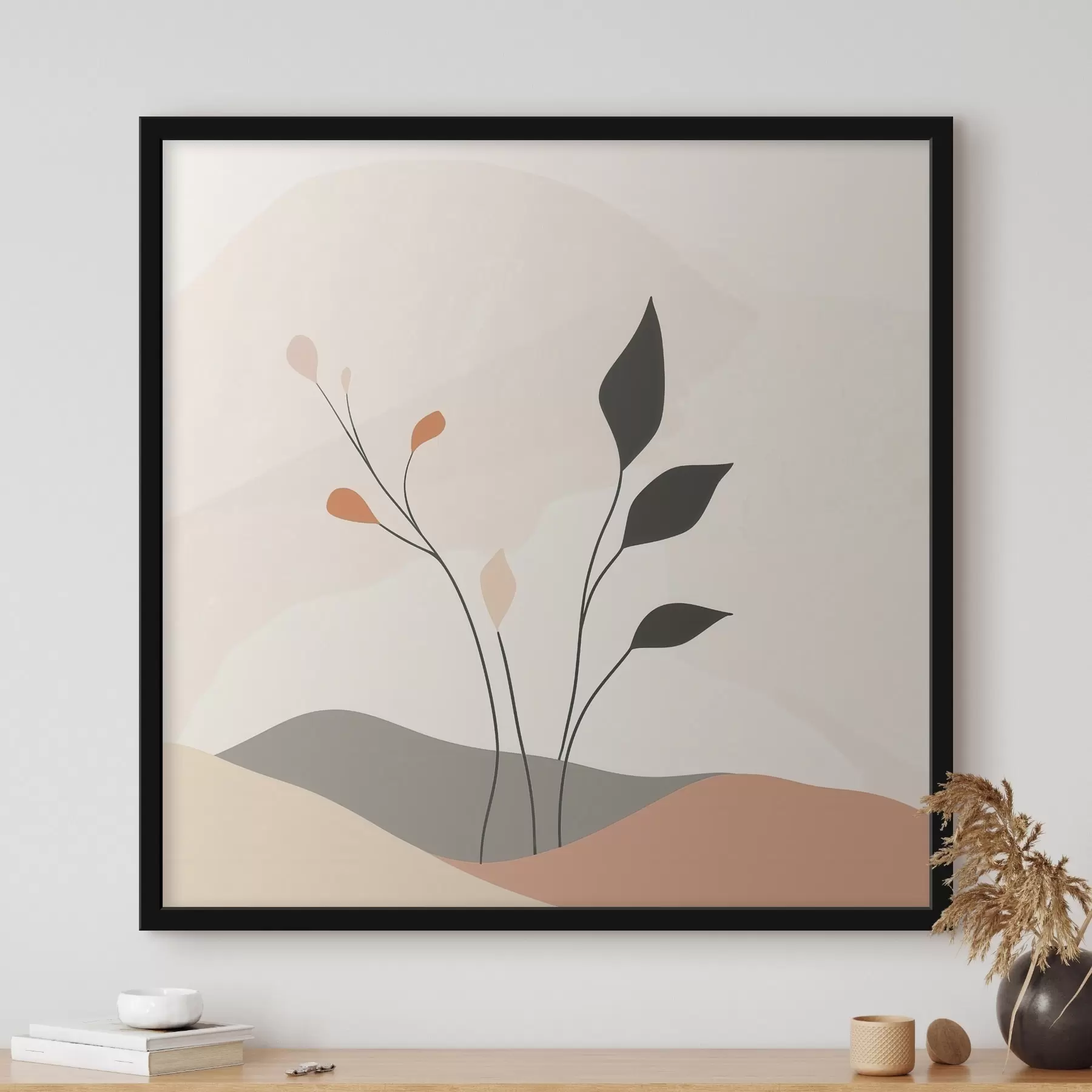 Fototapeta Lakoniczna scena o tematyce roślinnej z organicznymi formami, utrzymana w stylu sztuki współczesnej f48874