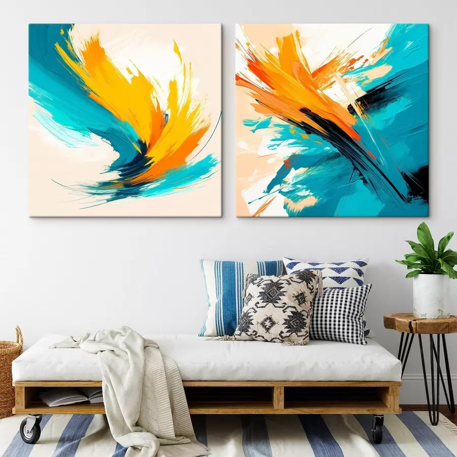 Obraz Dynamiczne pociągnięcia pędzla w turkusowo-pomarańczowej palecie barw w stylu sztuki współczesnej m30354