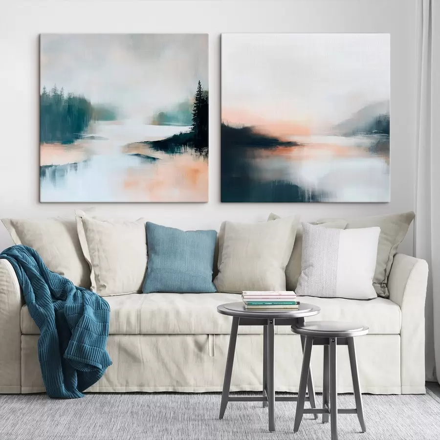 Obraz Mglisty krajobraz z drzewami iglastymi i jeziorem, namalowany w nowoczesnym stylu m30357