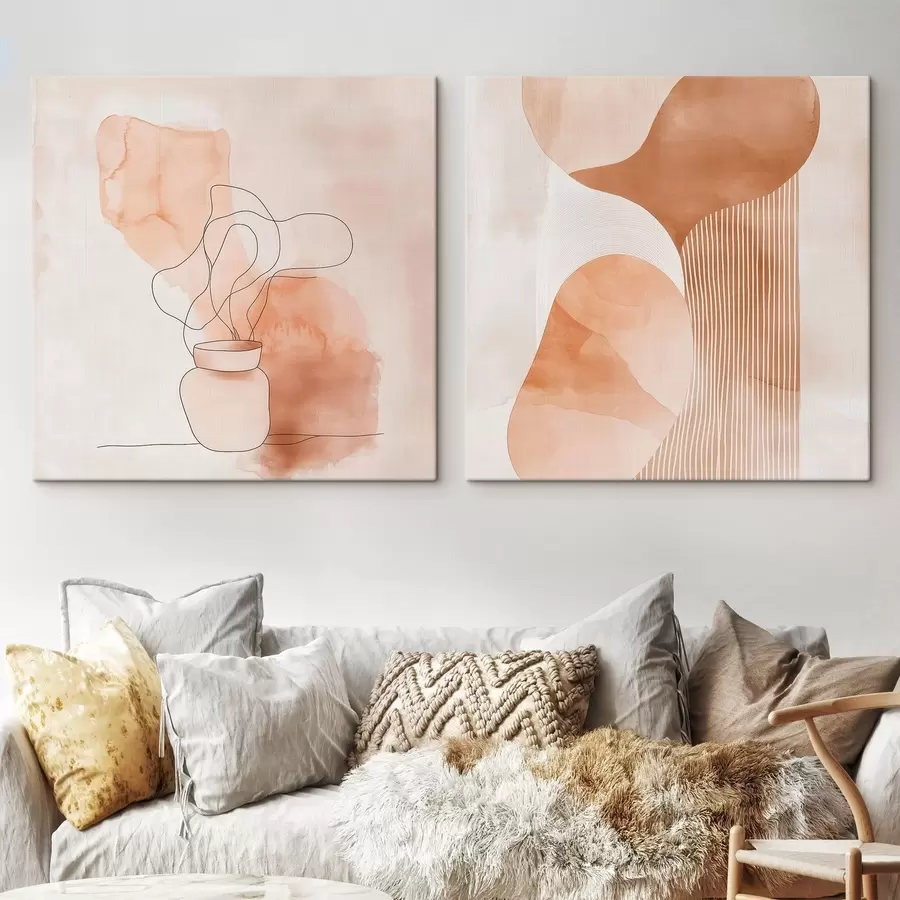 Obraz Abstrakcyjne formy w beżowo-brzoskwiniowej kolorystyce z liniowymi akcentami w stylu minimalistycznym m30361