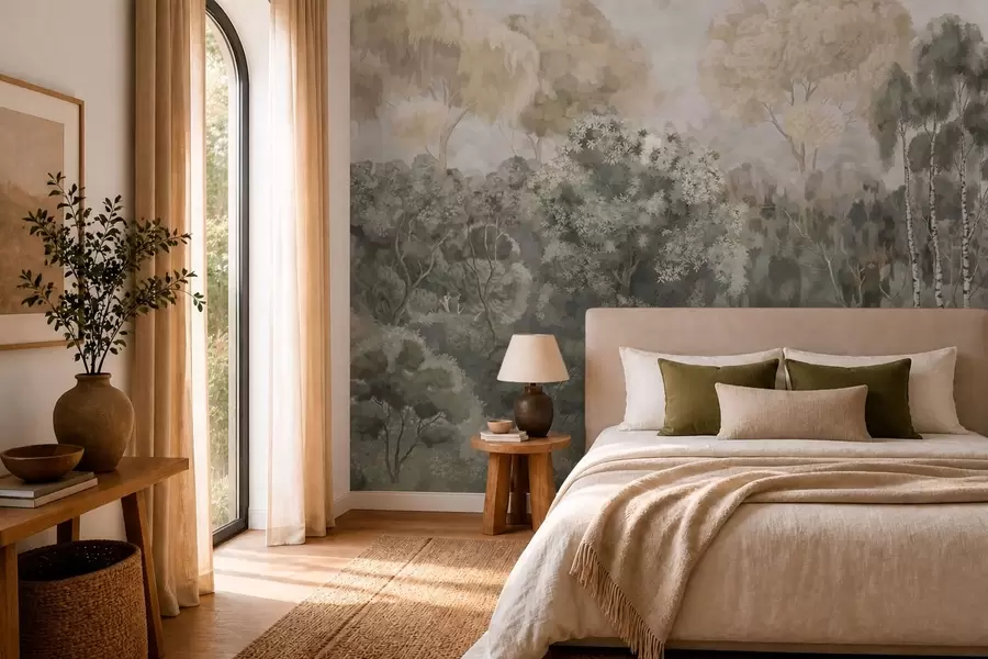 Fototapeta Leśny krajobraz z rzeką i gęstym drzewostanem w05542v1