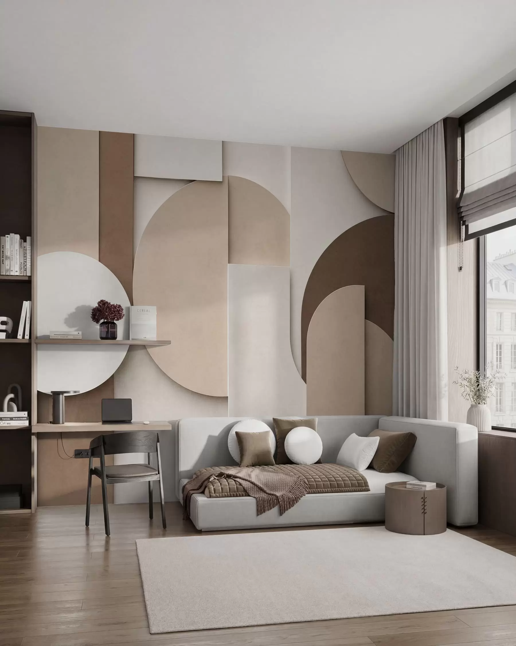 Fototapeta Teksturowane beżowe figury geometryczne w wielowarstwowej kompozycji 3D – minimalistyczna, nowoczesna dekoracja ścienna w05598