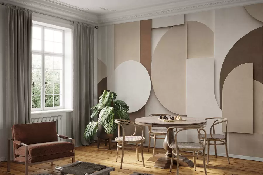 Fototapeta Teksturowane beżowe figury geometryczne w wielowarstwowej kompozycji 3D – minimalistyczna, nowoczesna dekoracja ścienna w05598