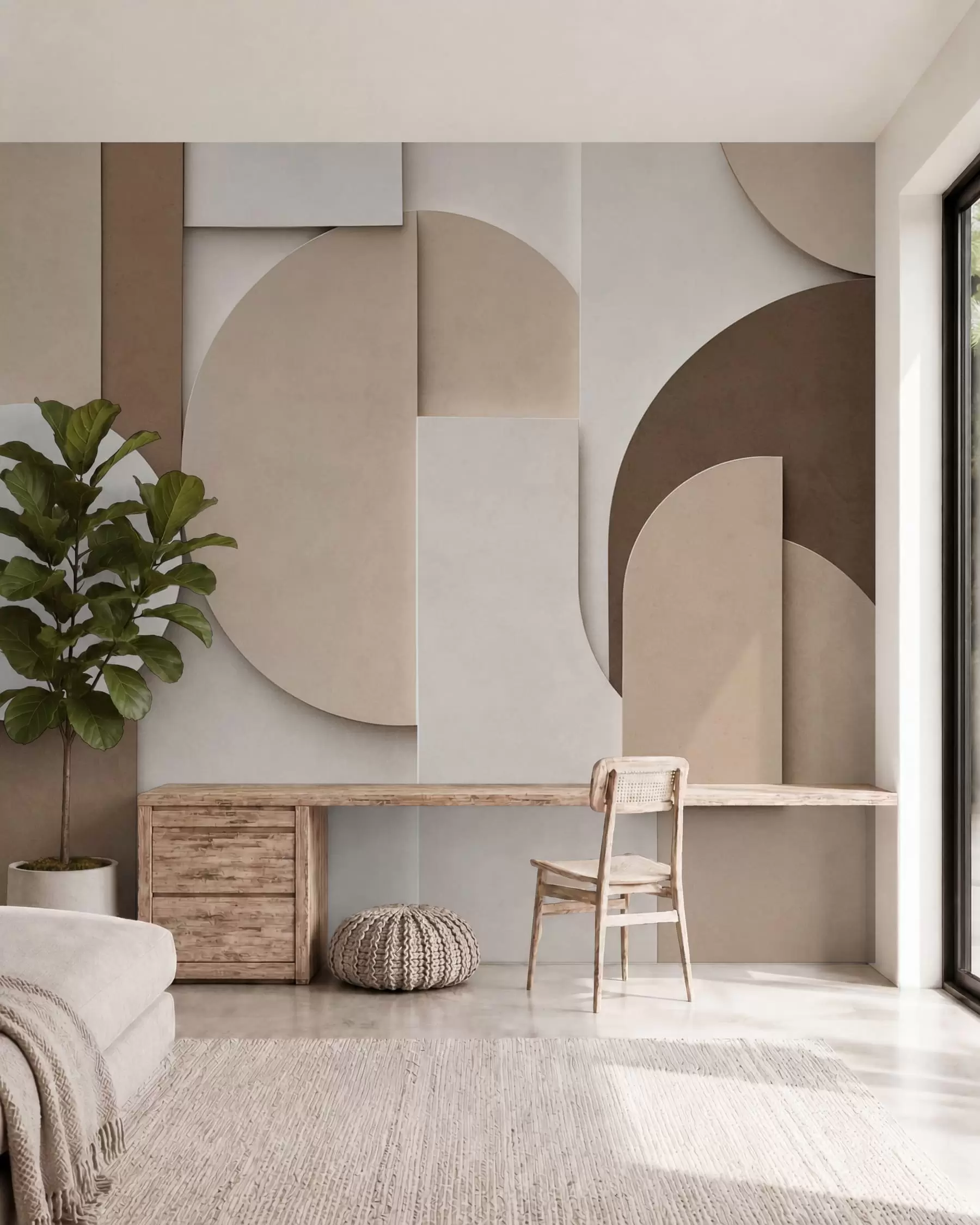 Fototapeta Teksturowane beżowe figury geometryczne w wielowarstwowej kompozycji 3D – minimalistyczna, nowoczesna dekoracja ścienna w05598