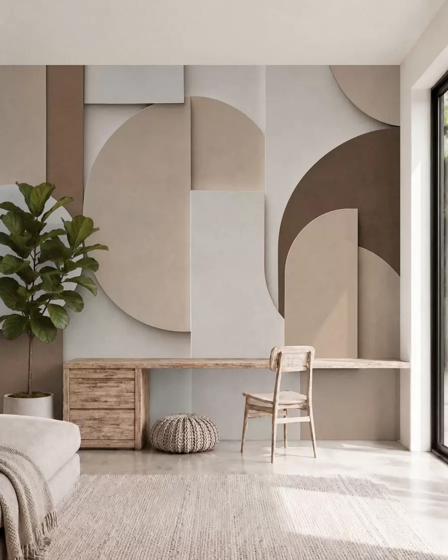 Fototapeta Teksturowane beżowe figury geometryczne w wielowarstwowej kompozycji 3D – minimalistyczna, nowoczesna dekoracja ścienna w05598