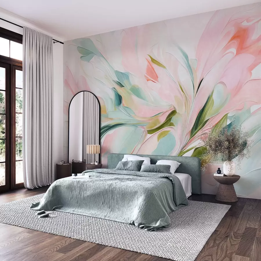 Fototapeta Abstrakcyjny styl malarski z motywami kwiatowymi, charakteryzujący się delikatnymi, pastelowymi pociągnięciami pędzla na jasnym tle w09871