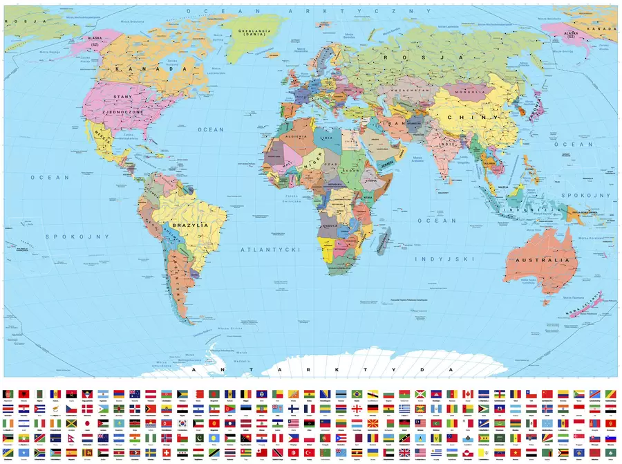 Fototapeta Oliwkowa mapa polityczna świata z flagami w języku polskim c00004pl