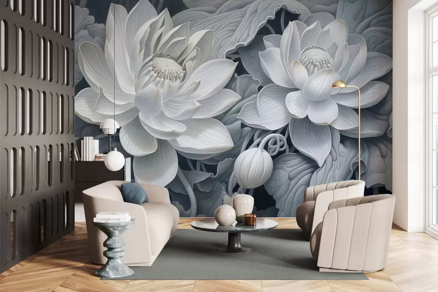 Fototapeta Klasyczne kwiaty lotosu w delikatnych odcieniach sepii z wyrazistymi płatkami – artystyczna ilustracja botaniczna w05494