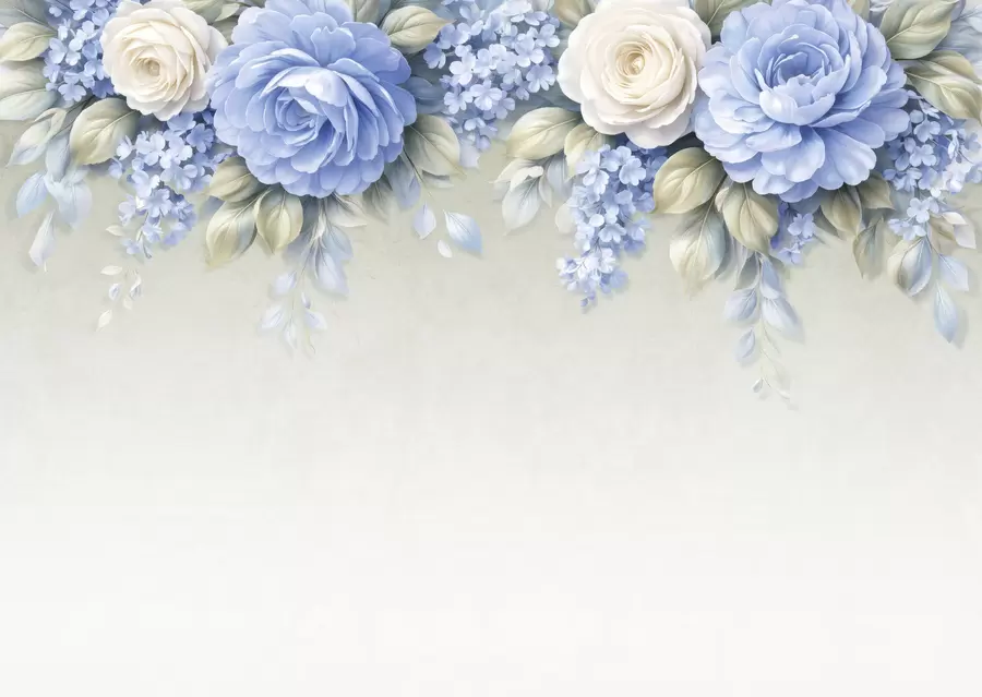 Fototapeta Delikatne róże i bukiety kwiatów w inspirowanej porcelaną kompozycji botanicznej, z delikatnymi, ułożonymi warstwowo płatkami i eleganckimi, falującymi liśćmi w05495