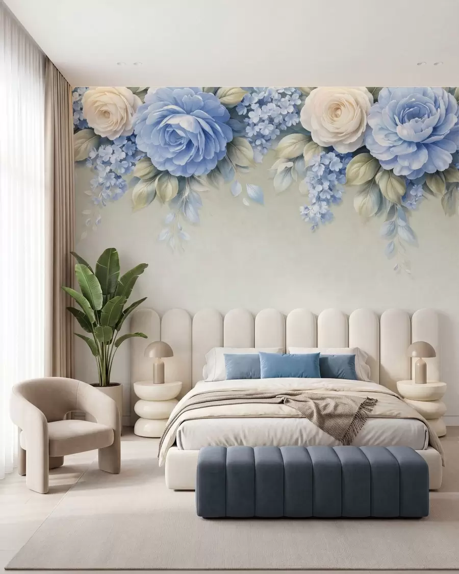 Fototapeta Delikatne róże i bukiety kwiatów w inspirowanej porcelaną kompozycji botanicznej, z delikatnymi, ułożonymi warstwowo płatkami i eleganckimi, falującymi liśćmi w05495