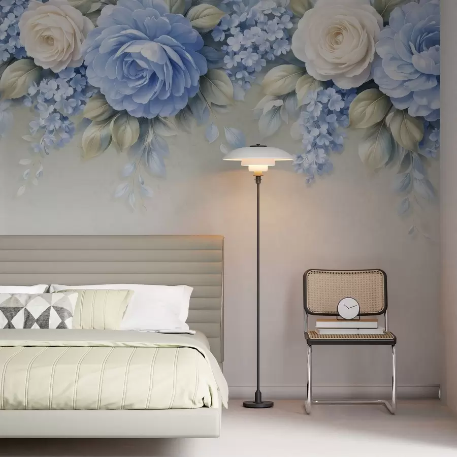 Fototapeta Delikatne róże i bukiety kwiatów w inspirowanej porcelaną kompozycji botanicznej, z delikatnymi, ułożonymi warstwowo płatkami i eleganckimi, falującymi liśćmi w05495