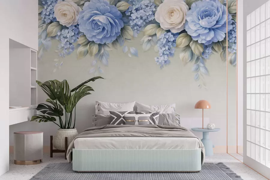 Fototapeta Delikatne róże i bukiety kwiatów w inspirowanej porcelaną kompozycji botanicznej, z delikatnymi, ułożonymi warstwowo płatkami i eleganckimi, falującymi liśćmi w05495
