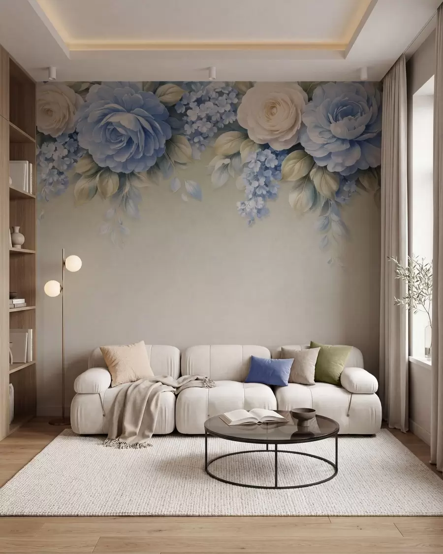 Fototapeta Delikatne róże i bukiety kwiatów w inspirowanej porcelaną kompozycji botanicznej, z delikatnymi, ułożonymi warstwowo płatkami i eleganckimi, falującymi liśćmi w05495