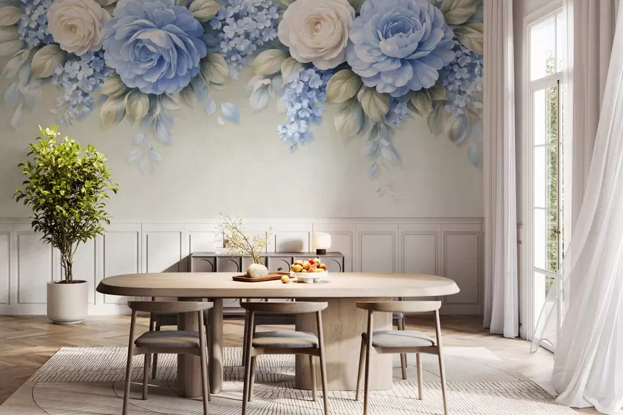 Fototapeta Delikatne róże i bukiety kwiatów w inspirowanej porcelaną kompozycji botanicznej, z delikatnymi, ułożonymi warstwowo płatkami i eleganckimi, falującymi liśćmi w05495
