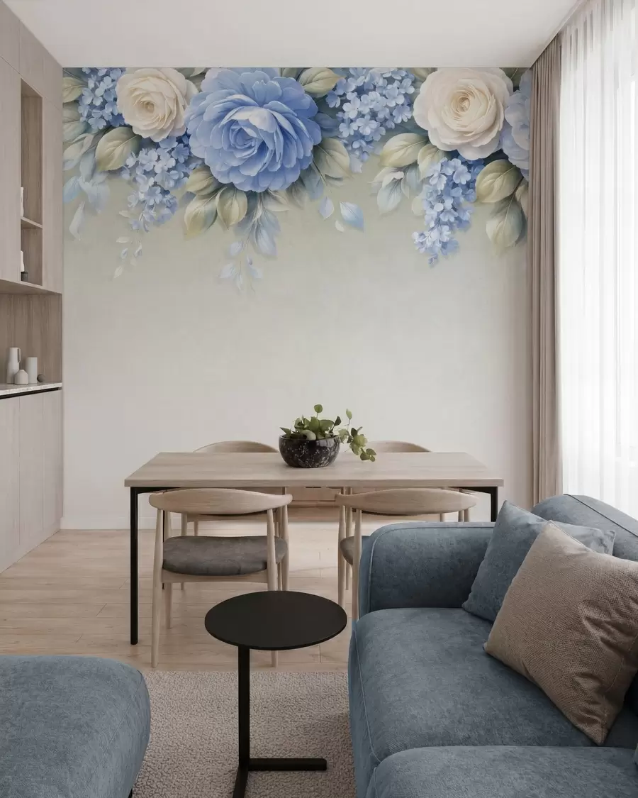 Fototapeta Delikatne róże i bukiety kwiatów w inspirowanej porcelaną kompozycji botanicznej, z delikatnymi, ułożonymi warstwowo płatkami i eleganckimi, falującymi liśćmi w05495