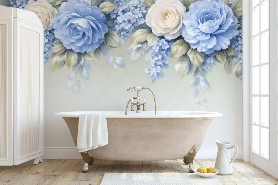 Fototapeta Delikatne róże i bukiety kwiatów w inspirowanej porcelaną kompozycji botanicznej, z delikatnymi, ułożonymi warstwowo płatkami i eleganckimi, falującymi liśćmi w05495