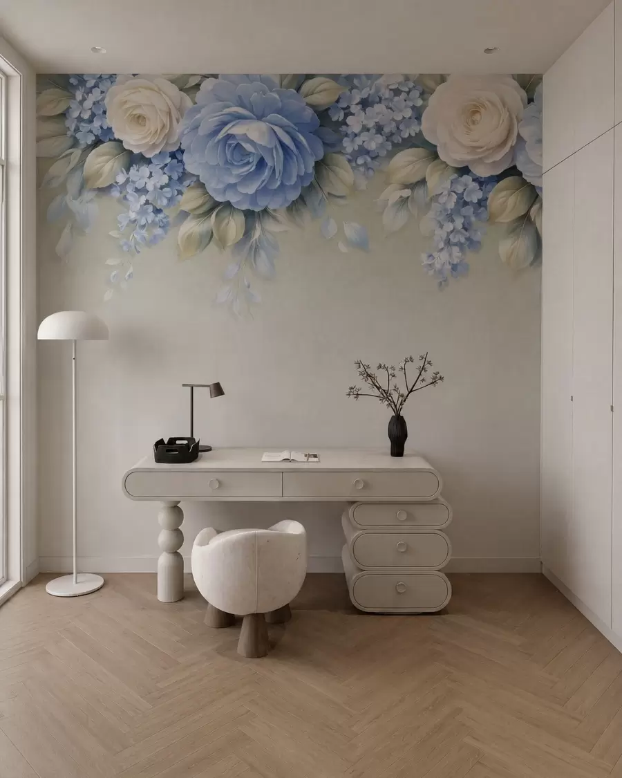 Fototapeta Delikatne róże i bukiety kwiatów w inspirowanej porcelaną kompozycji botanicznej, z delikatnymi, ułożonymi warstwowo płatkami i eleganckimi, falującymi liśćmi w05495