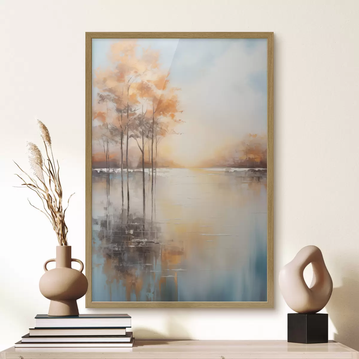 Plakat Krajobraz, drzewa z pomarańczowymi liśćmi, jezioro, słońce w tle f49152