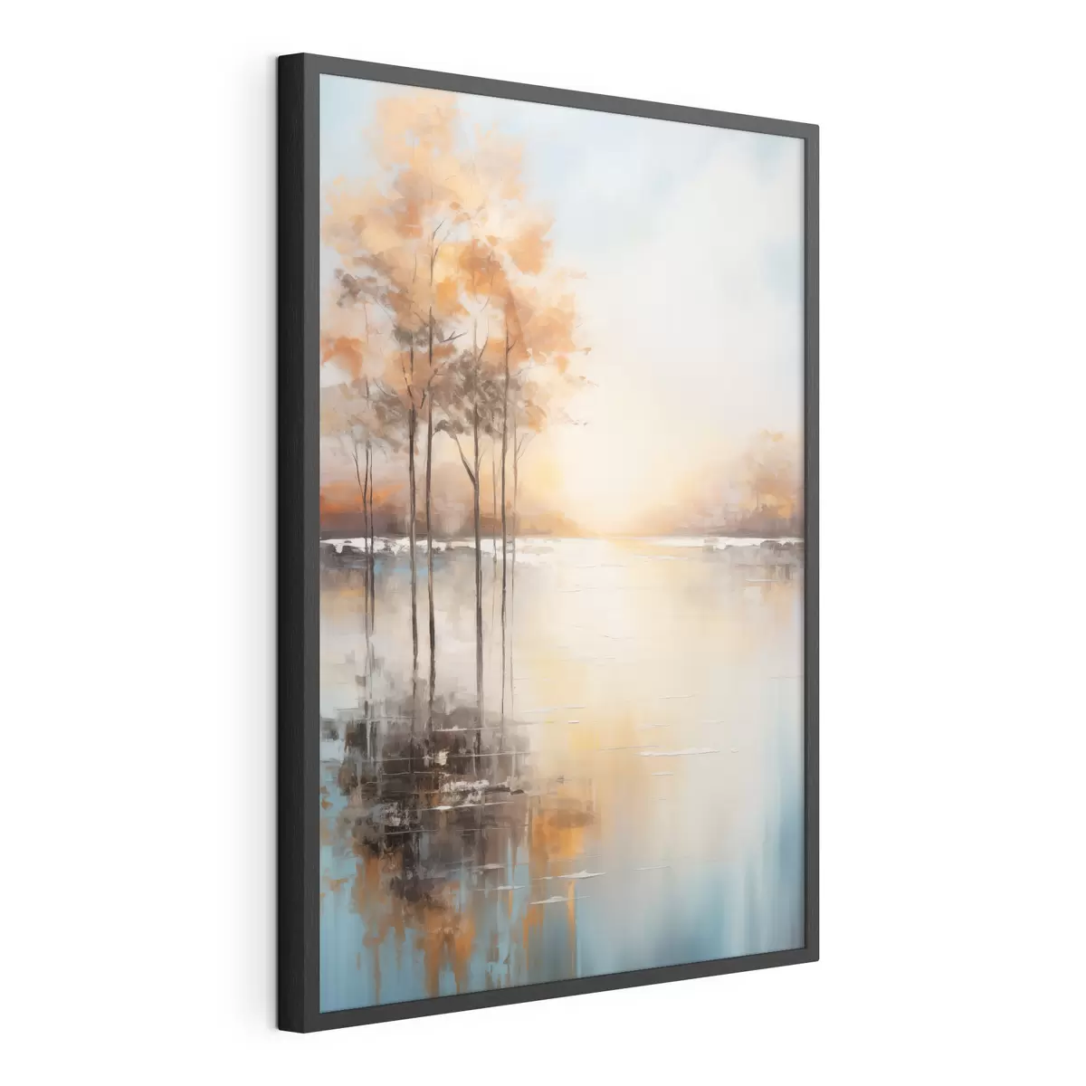 Plakat Krajobraz, drzewa z pomarańczowymi liśćmi, jezioro, słońce w tle f49152
