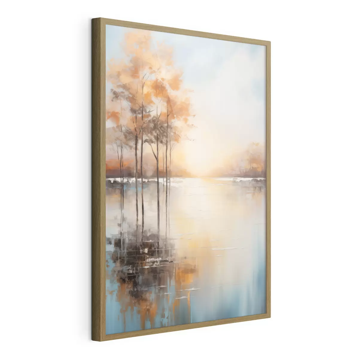 Plakat Krajobraz, drzewa z pomarańczowymi liśćmi, jezioro, słońce w tle f49152