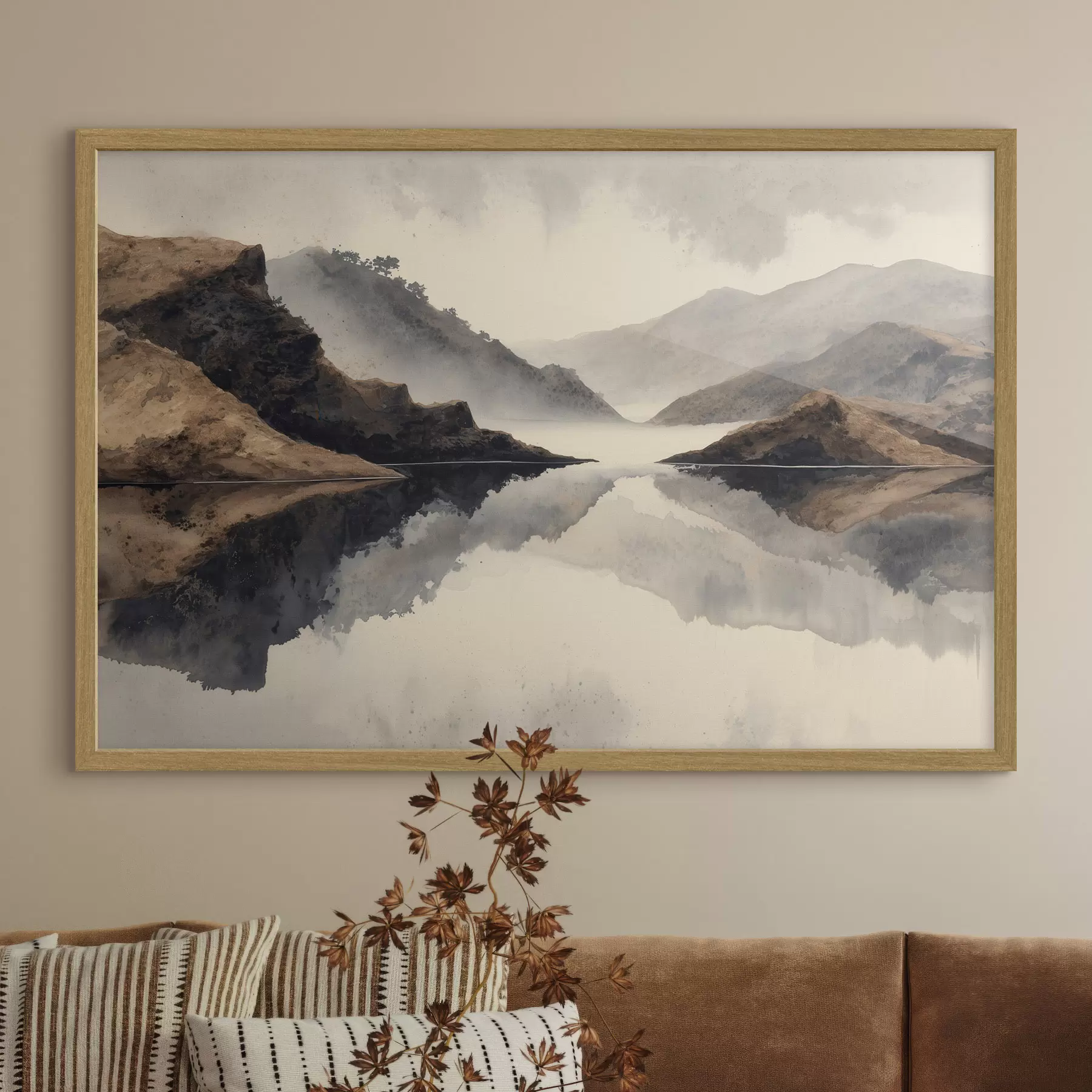 Fototapeta Zamglone góry i jezioro z lustrzanym odbiciem f49186