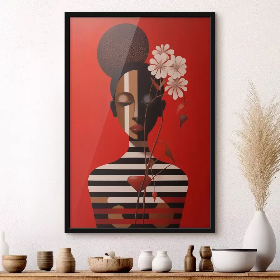 Fototapeta Geometryczny portret z kwiatami na czerwonym tle f49191