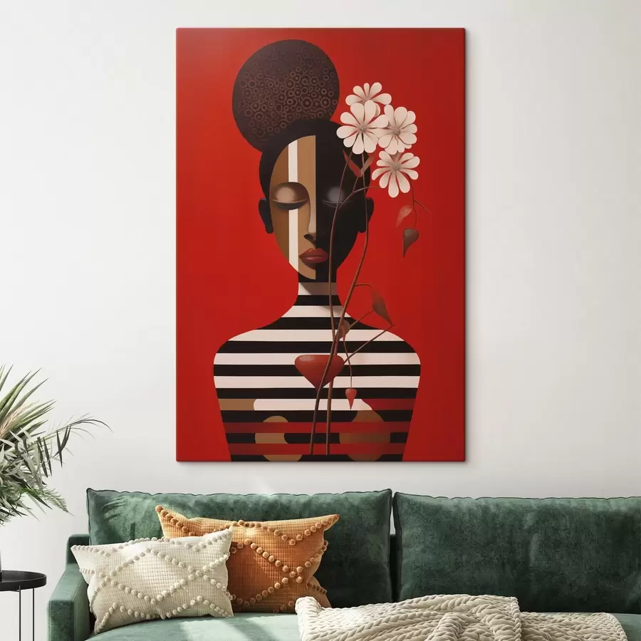 Obraz Geometryczny portret z kwiatami na czerwonym tle s49191