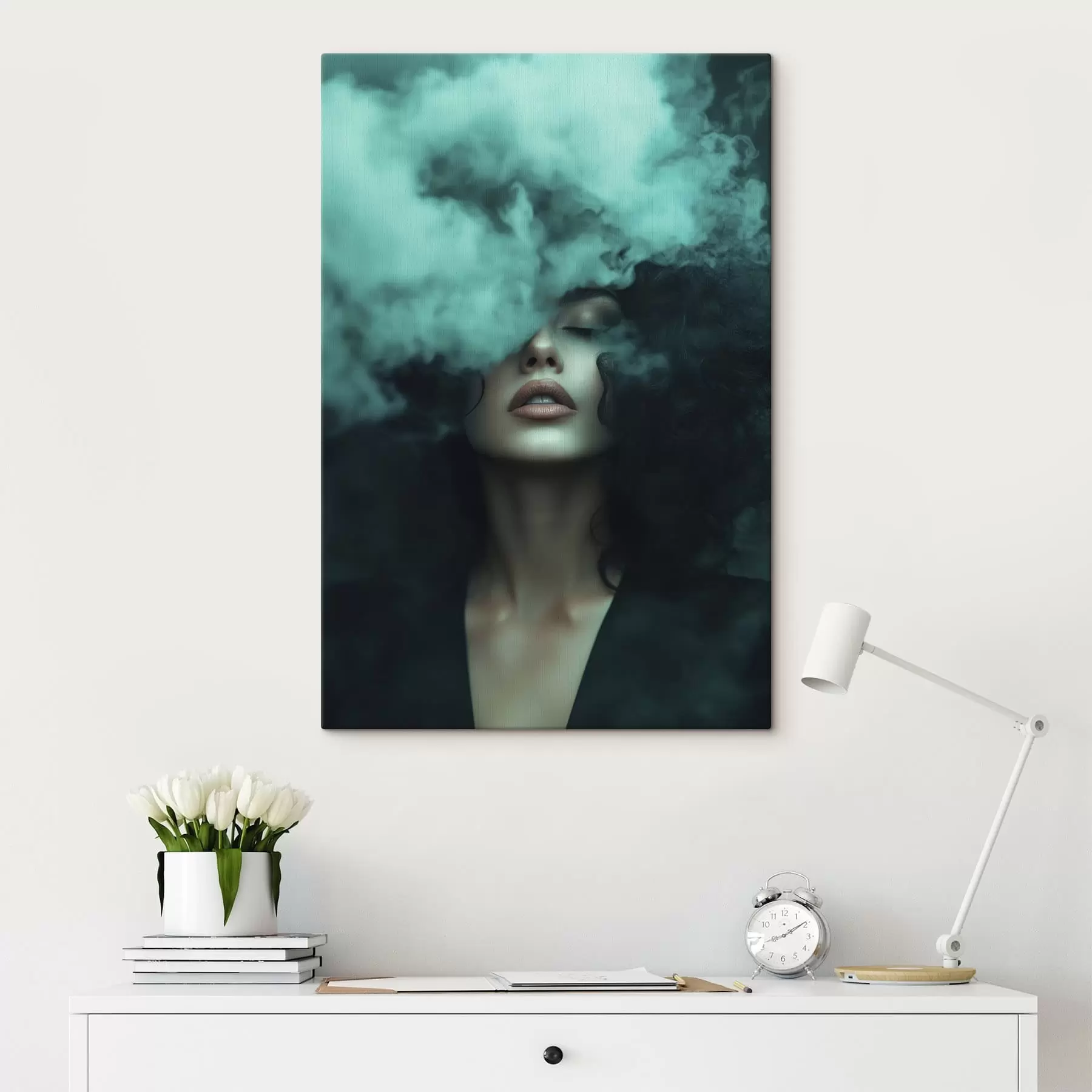 Obraz Portret kobiety w turkusowej mgle s49219