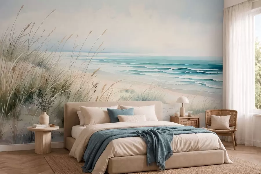 Fototapeta Piaszczysta plaża z falami i wydmami w05537