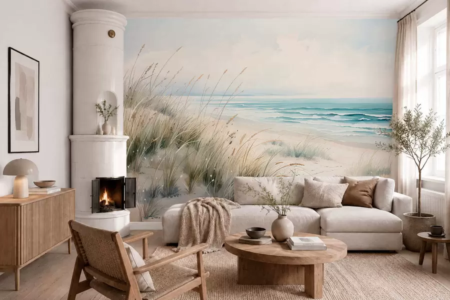 Fototapeta Piaszczysta plaża z falami i wydmami w05537