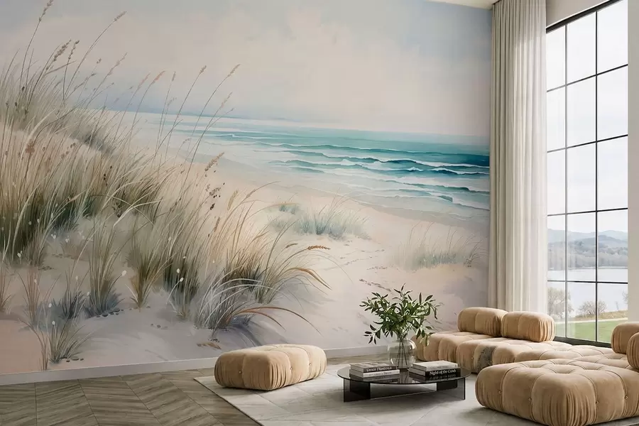 Fototapeta Piaszczysta plaża z falami i wydmami w05537